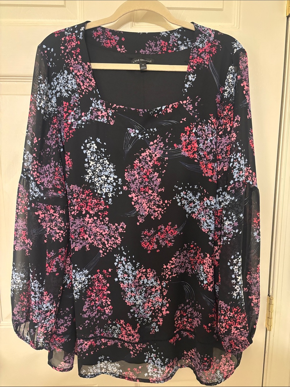 Lane Bryant Black Floral Flowy Blouse with Pink & Light Blue Blossoms